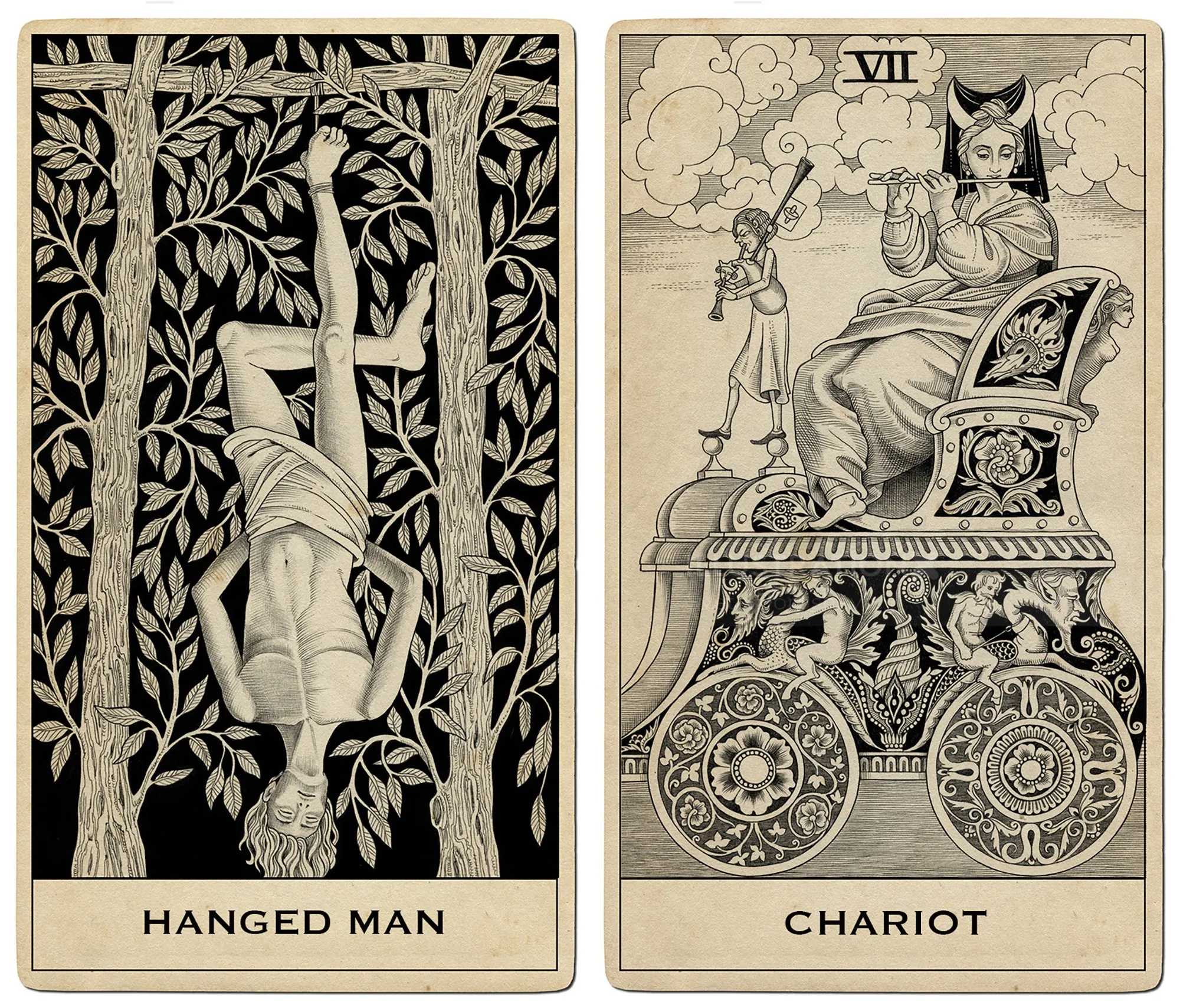 Hanged Man hanging from tree and Chariot tarot card by Sveta Dorosheva