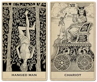 Hanged Man hanging from tree and Chariot tarot card by Sveta Dorosheva