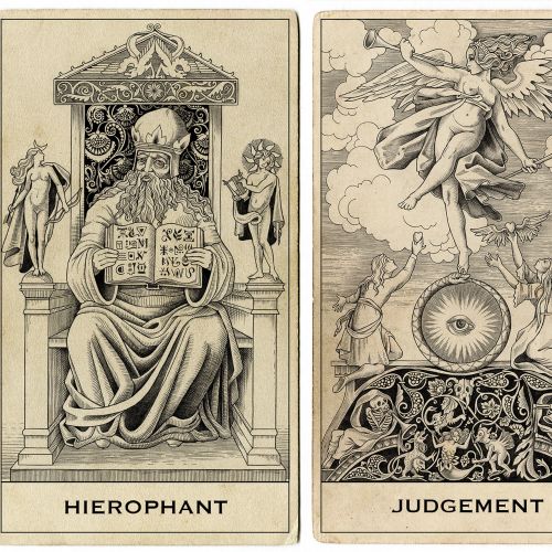 Hierophant and Judgement tarot cards detailed line art by Sveta Dorosheva