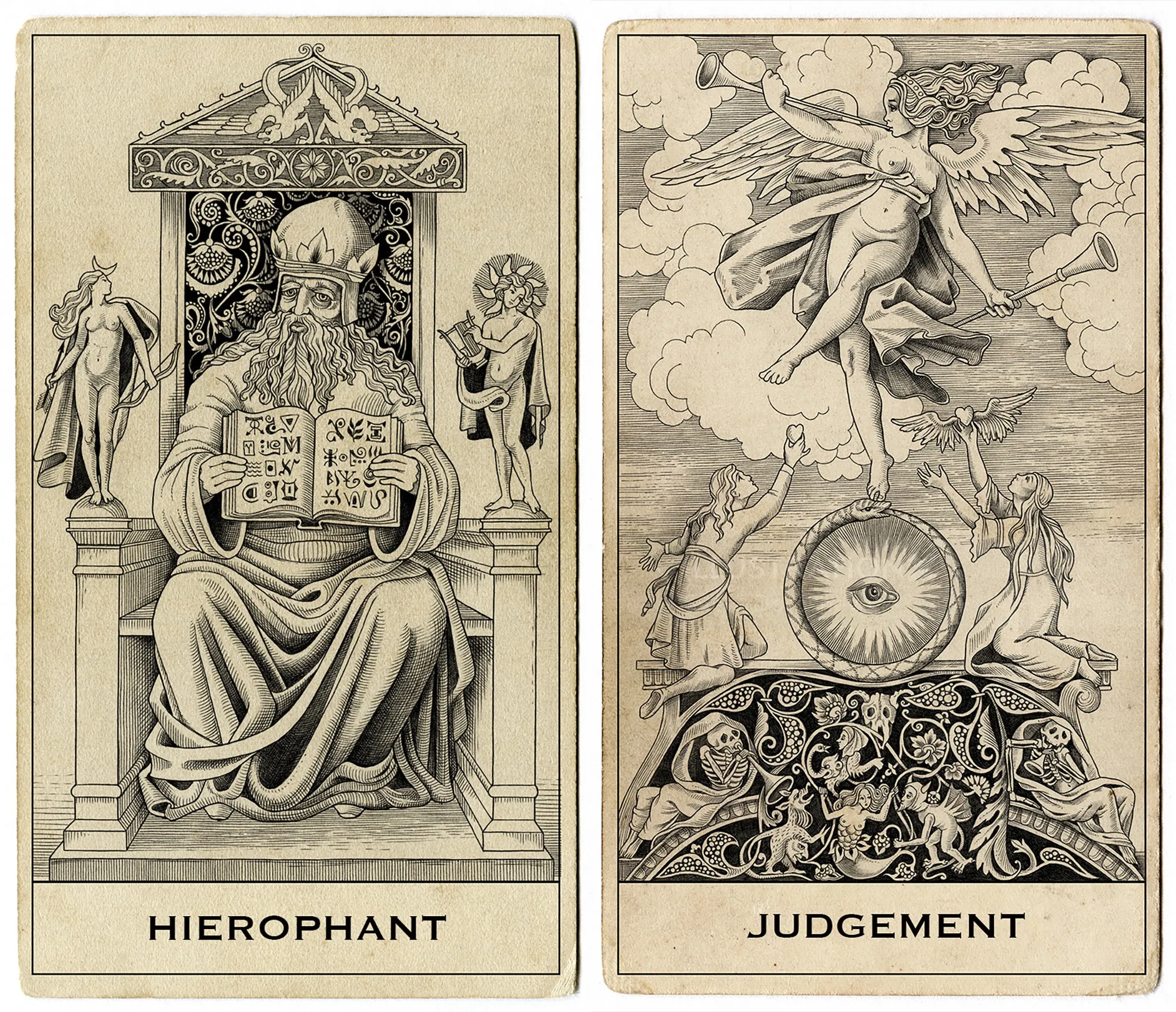 Hierophant and Judgement tarot cards detailed line art by Sveta Dorosheva