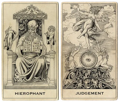 Hierophant and Judgement tarot cards detailed line art by Sveta Dorosheva