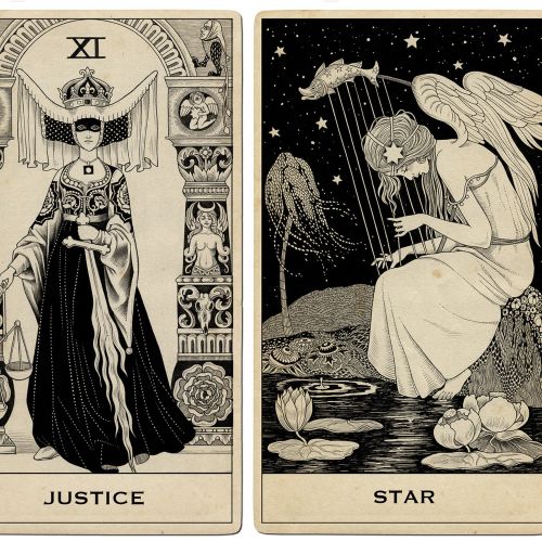 Justice and Star tarot cards detailed black and white drawing by Sveta Dorosheva