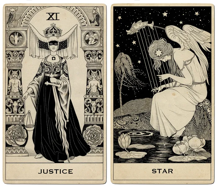 Justice and Star tarot cards detailed black and white drawing by Sveta Dorosheva