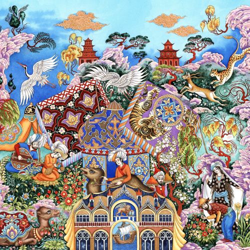 Colorful fantasy scene with mythical animals and pagodas by Sveta Dorosheva