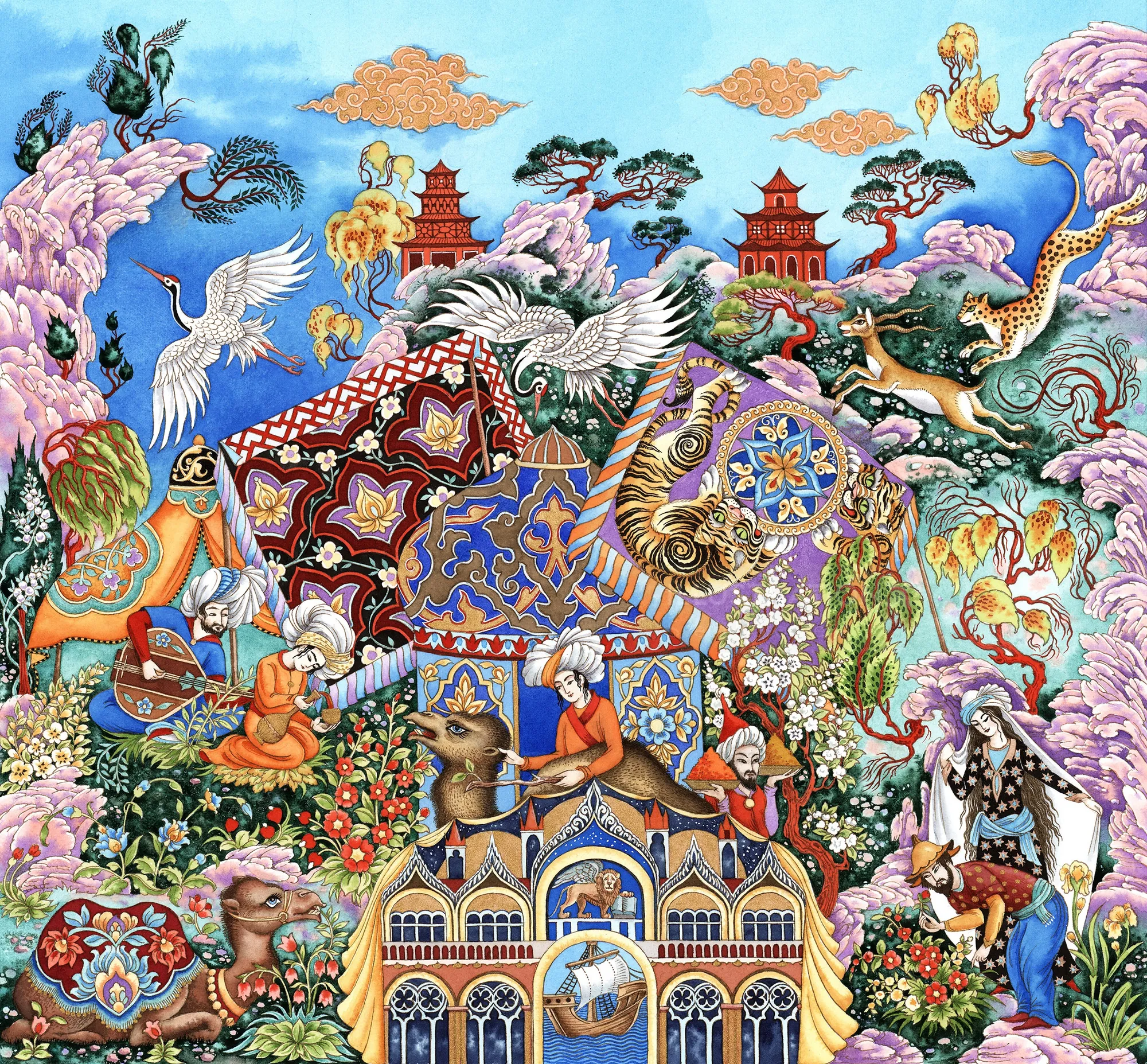 Colorful fantasy scene with mythical animals and pagodas by Sveta Dorosheva