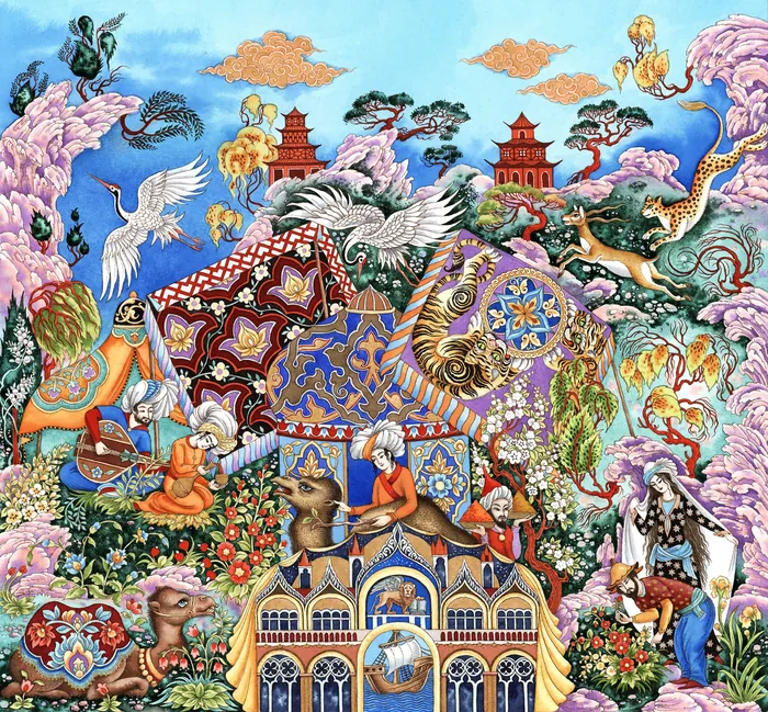 Colorful fantasy scene with mythical animals and pagodas by Sveta Dorosheva