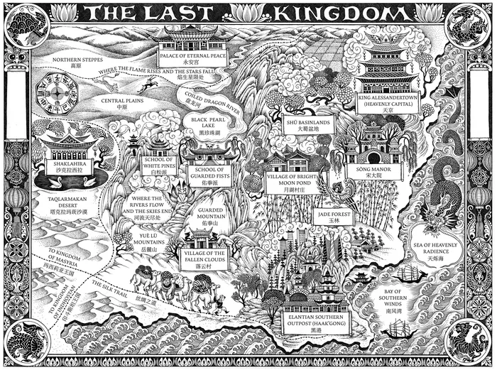 Detailed black and white fantasy map of Last Kingdom by Sveta Dorosheva