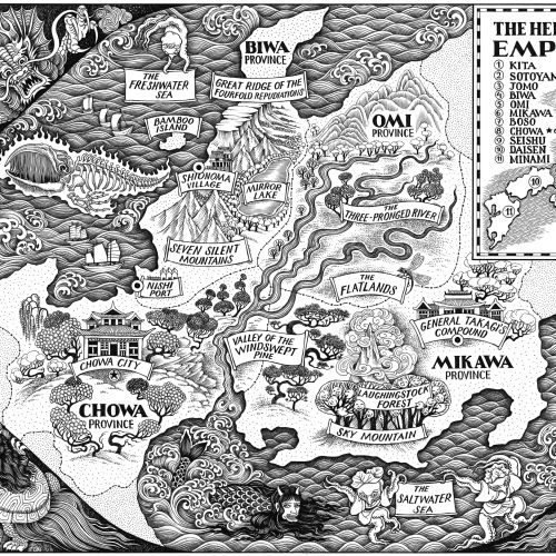 Black and white illustrated map of The Heiwadai Empire by Sveta Dorosheva