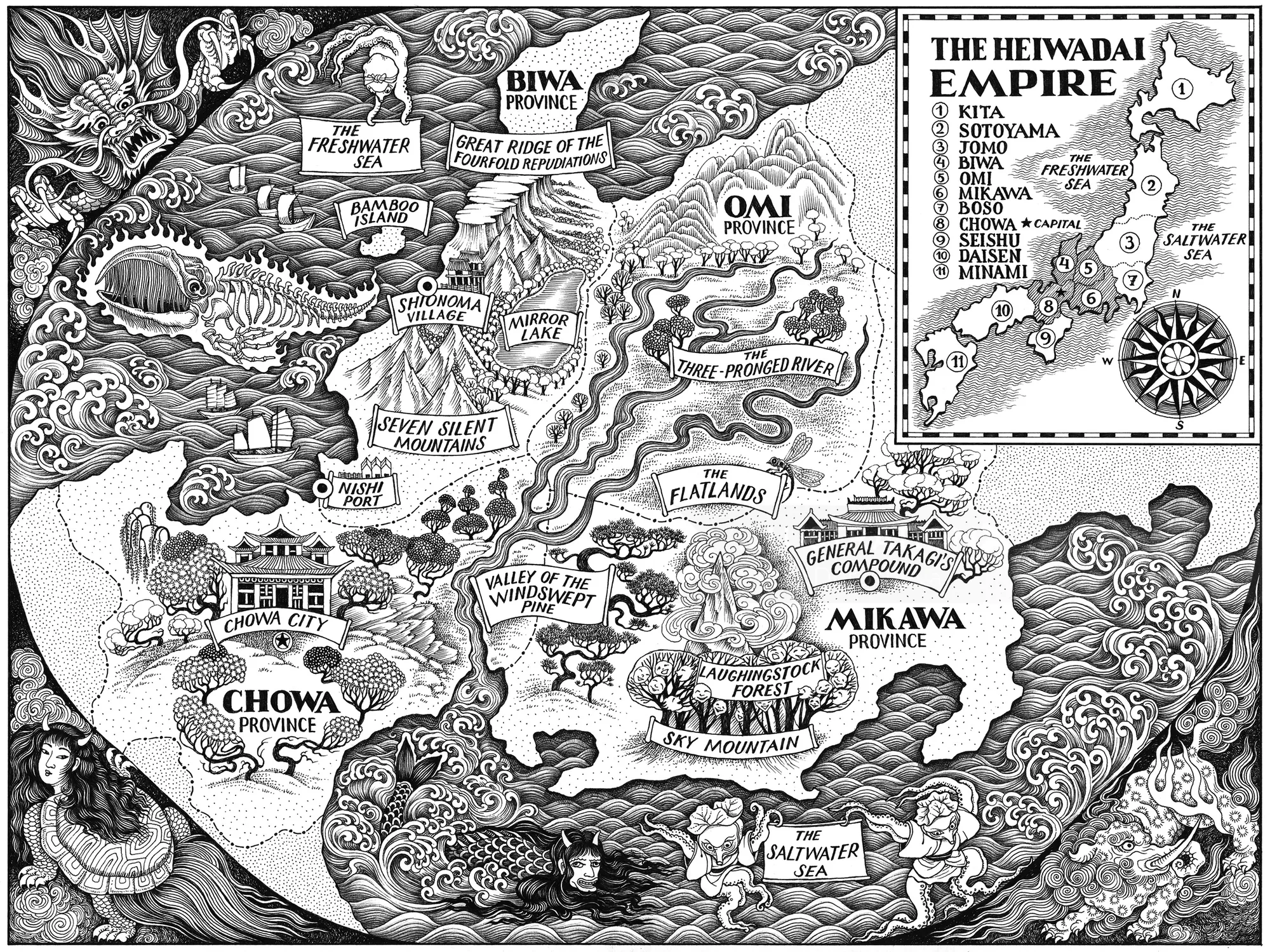 Black and white illustrated map of The Heiwadai Empire by Sveta Dorosheva