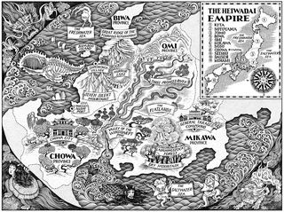 Black and white illustrated map of The Heiwadai Empire by Sveta Dorosheva