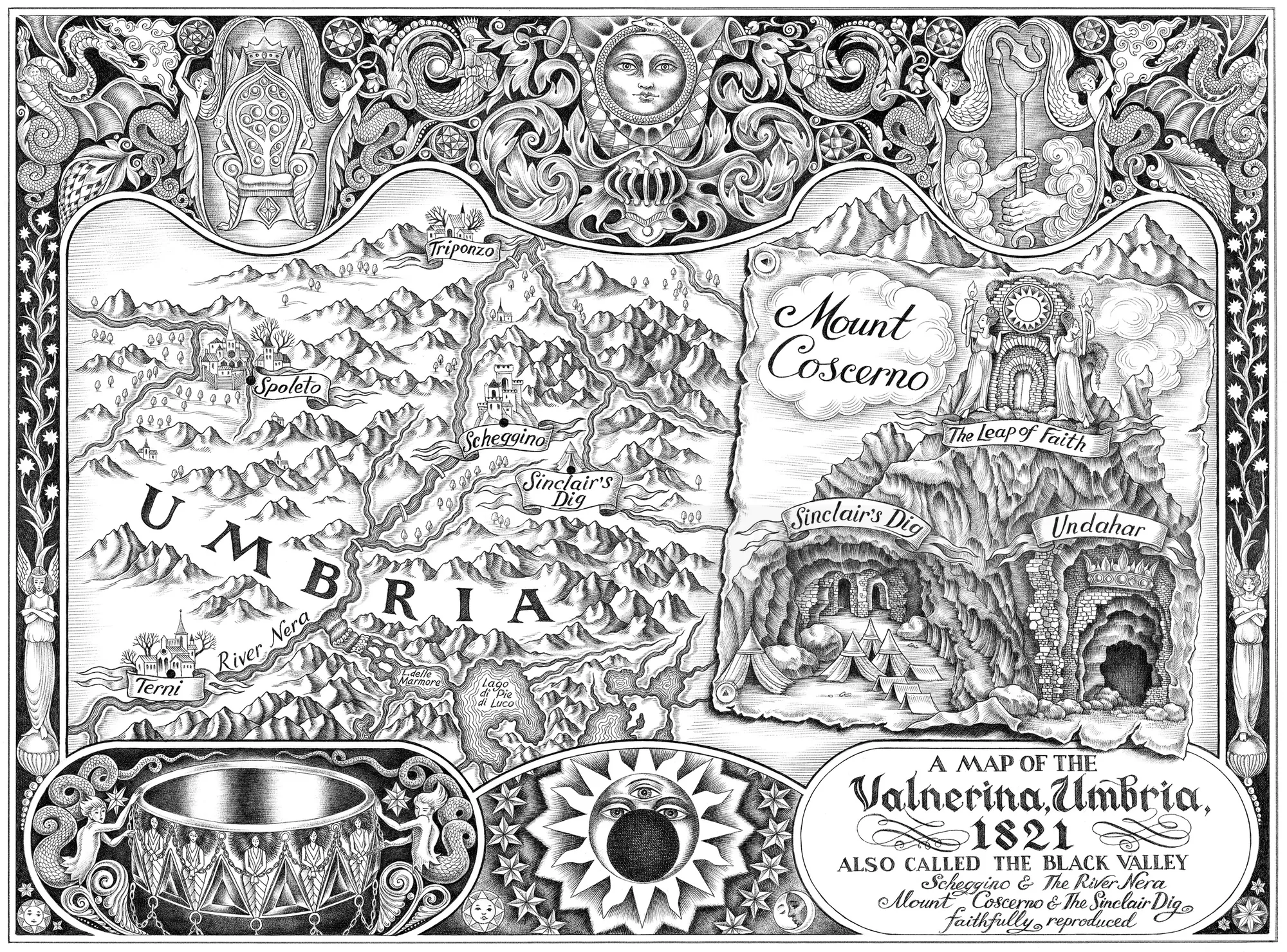 Black and white 1821 map of Valnerina, Umbria region by Sveta Dorosheva