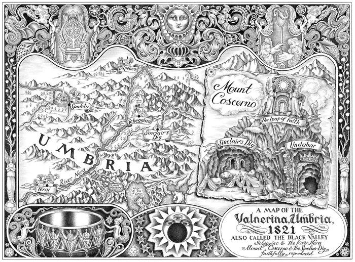 Black and white 1821 map of Valnerina, Umbria region by Sveta Dorosheva