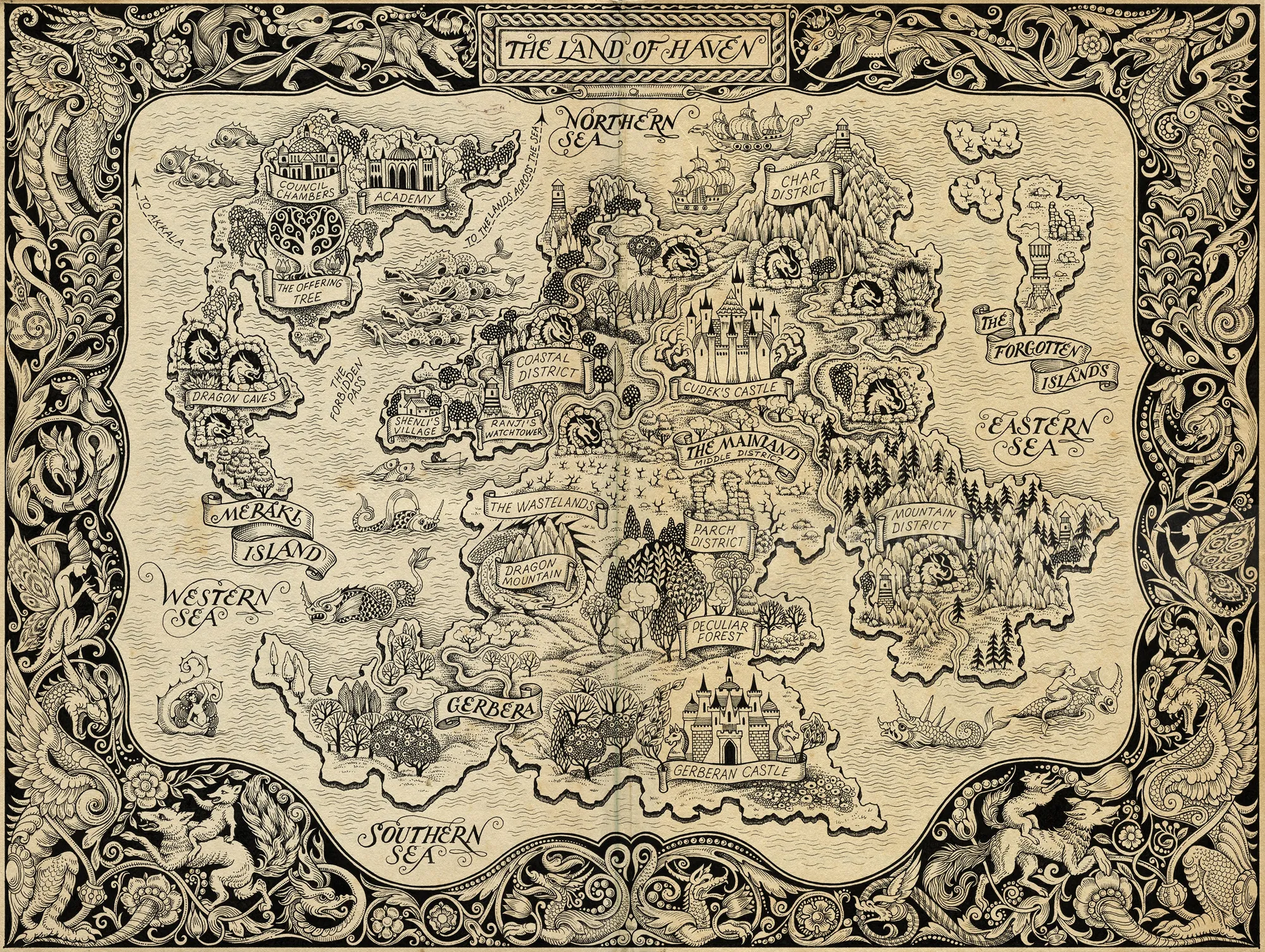 Mapa de fantasía detallado de La Tierra de Hacy por Sveta Dorosheva