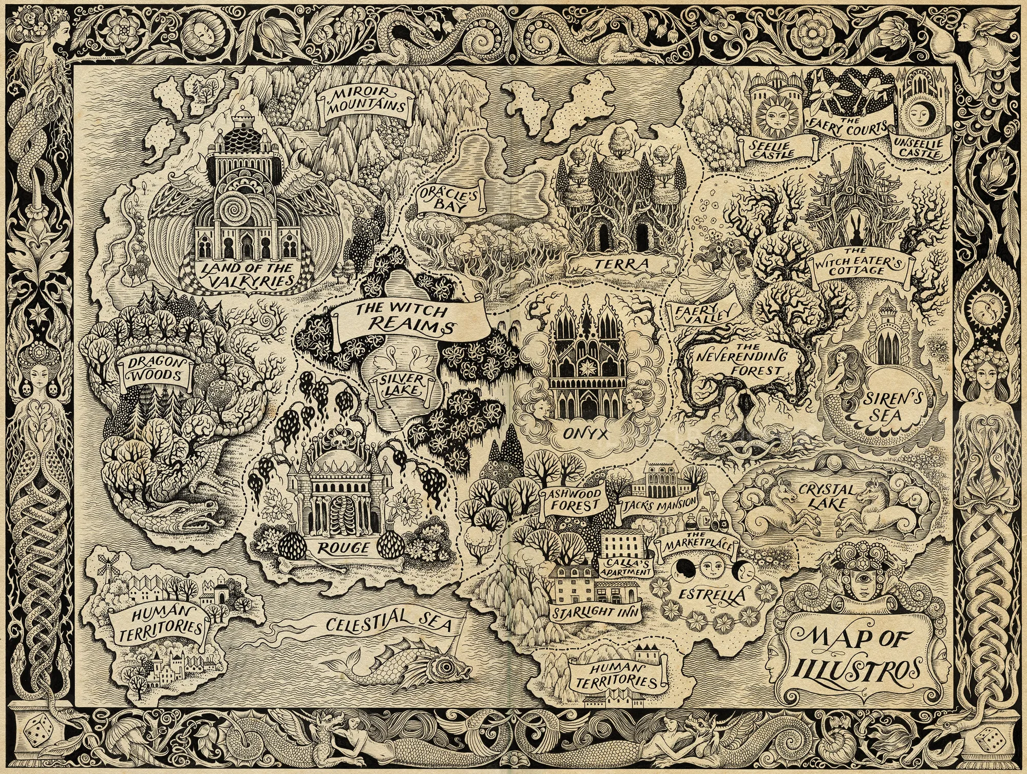 Detailed fantasy map titled Map of Illustrations by Sveta Dorosheva