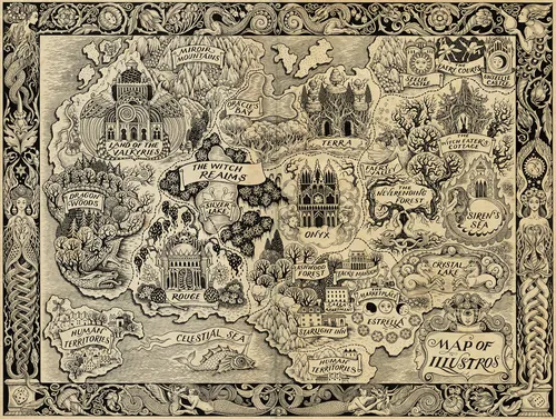 Detailed fantasy map titled Map of Illustrations by Sveta Dorosheva