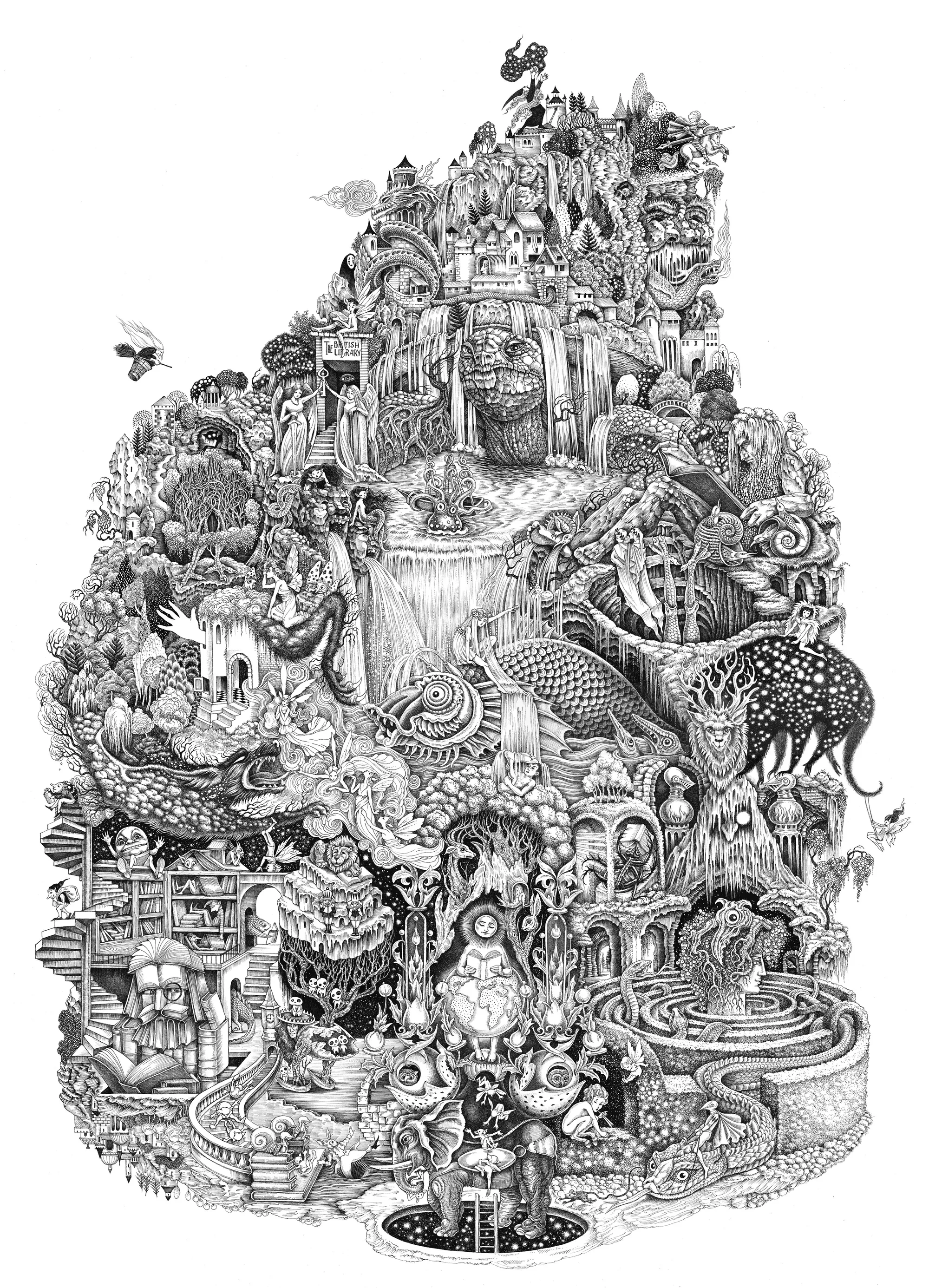 Detailed fantasy drawing with animals, mythical beings, waterfalls, and elaborate structures in blac