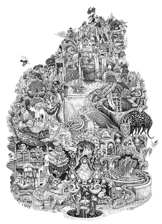 Detailed fantasy drawing with animals, mythical beings, waterfalls, and elaborate structures in blac