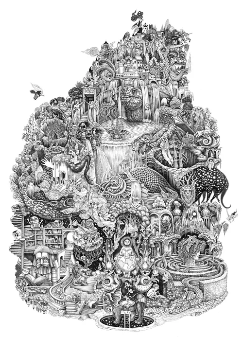 Detailed fantasy drawing with animals, mythical beings, waterfalls, and elaborate structures in blac