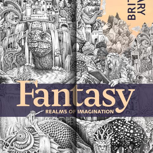 Detailed fantasy drawing with castles, dragons, and mythical creatures in black and white