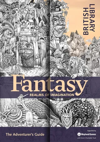 Detailed fantasy drawing with castles, dragons, and mythical creatures in black and white