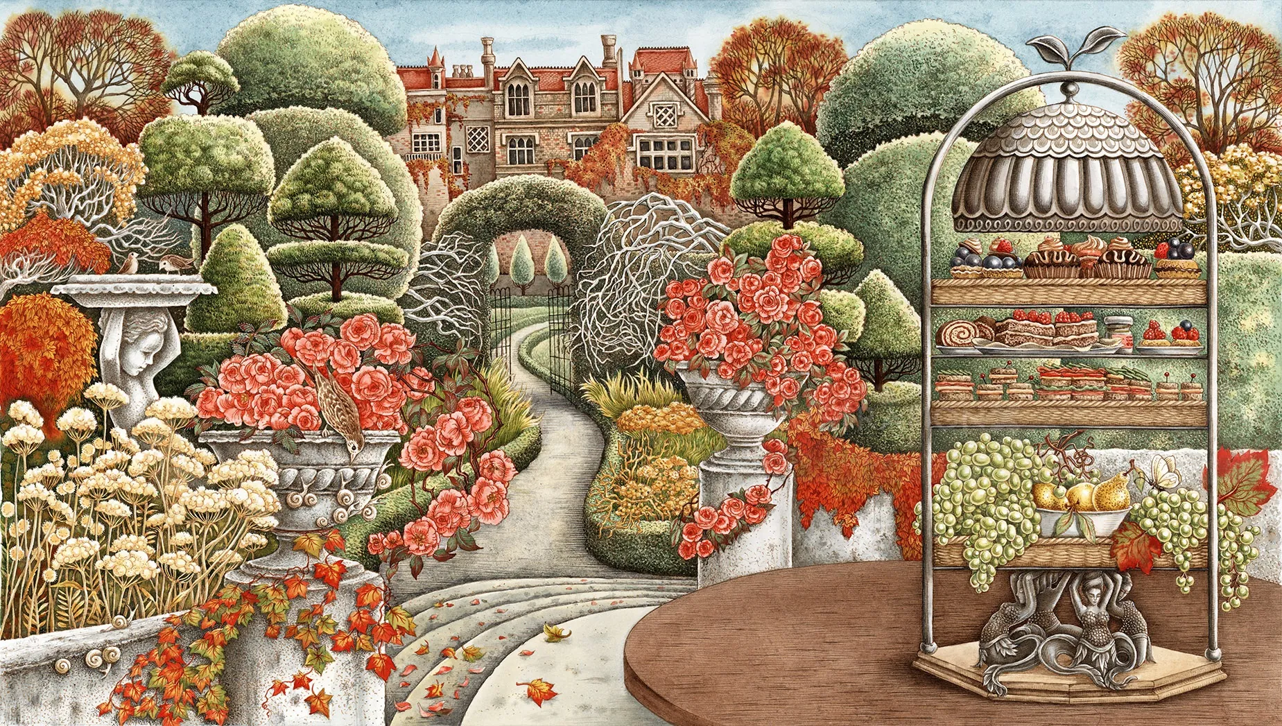 Autumn garden scene with topiary, flowers, pathway, and birdcage dessert stand