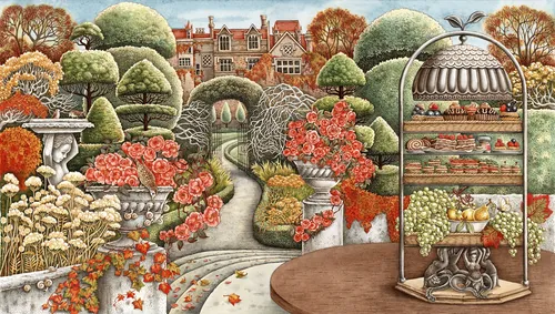 Autumn garden scene with topiary, flowers, pathway, and birdcage dessert stand