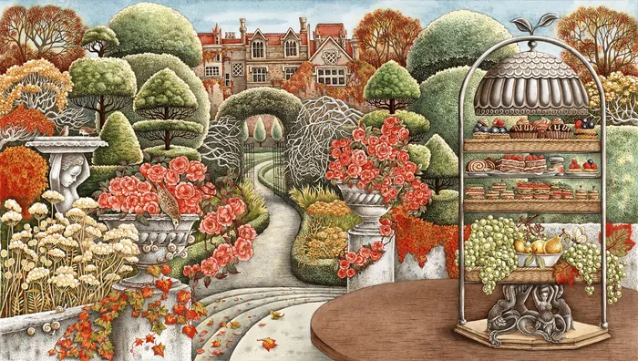 Autumn garden scene with topiary, flowers, pathway, and birdcage dessert stand