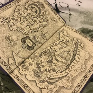Detailed vintage fantasy map with labeled regions and intricate illustrations