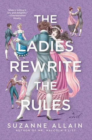 Couples in Regency-era clothing dancing on a purple book cover.