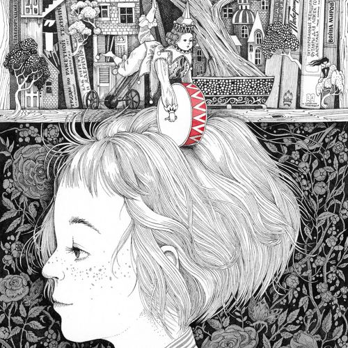 Black and white illustration of a girl