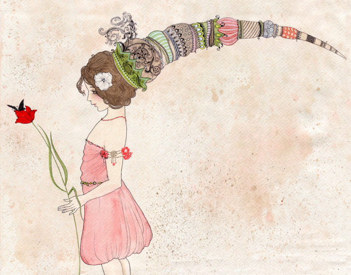 Uma ilustração de uma menina com uma flor