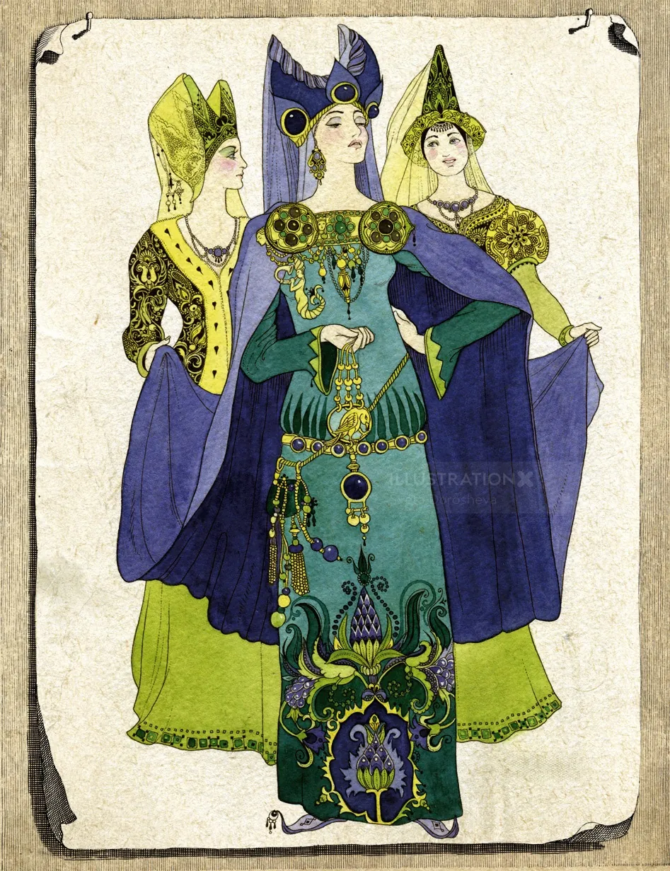 Medieval style costumes with detailed patterns by Sveta Dorosheva