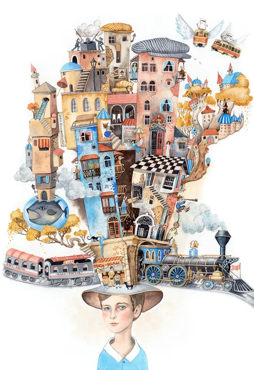 Buildings on hat illustration