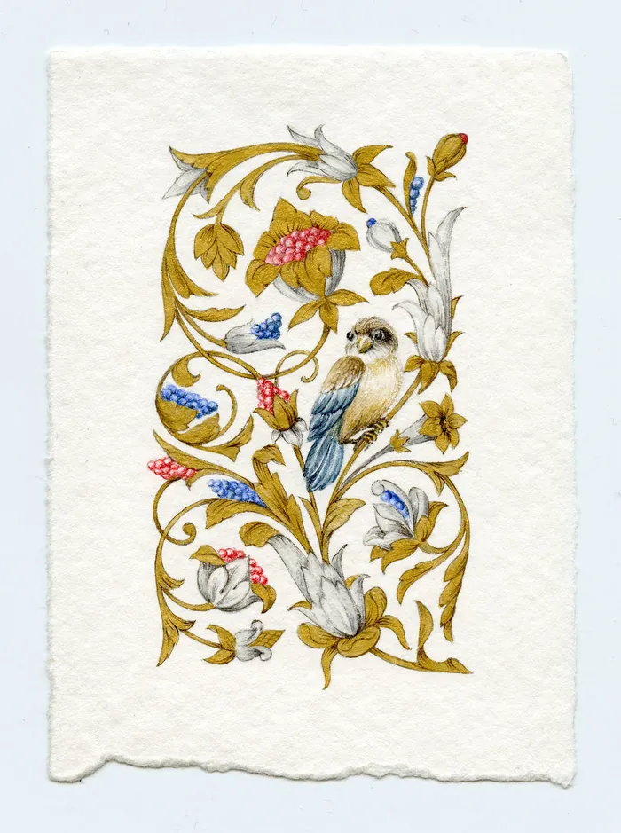 Ornament with bird and floral gold, blue, red details by Svetlana Molodchenko