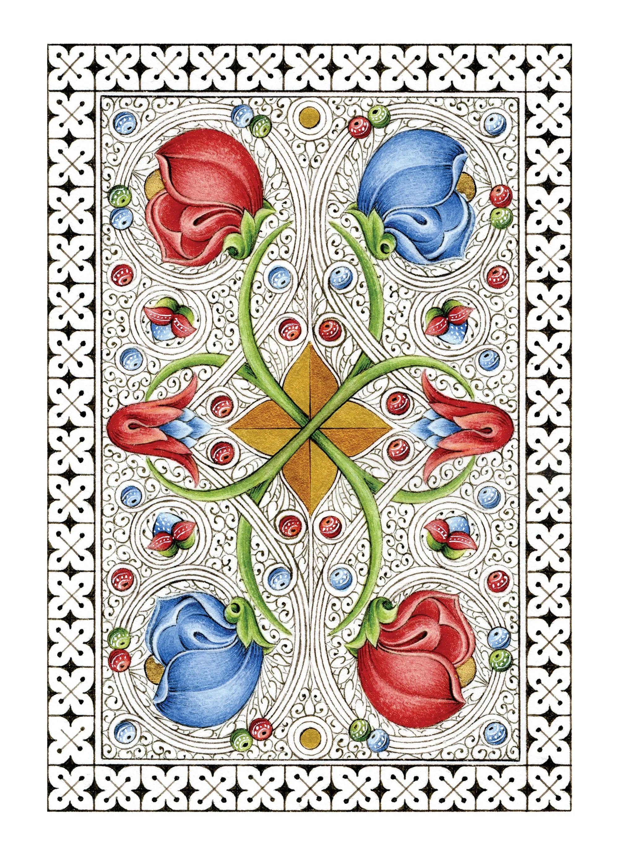 Ornament with red and blue floral designs by Svetlana Molodchenko
