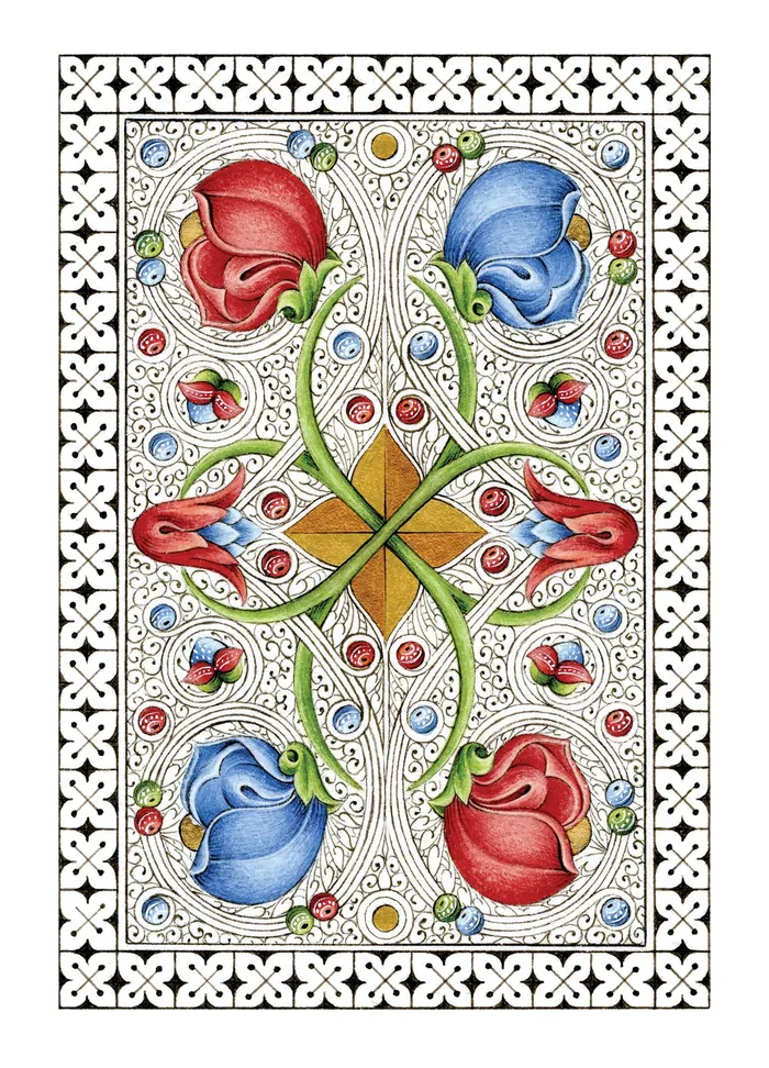 Ornament with red and blue floral designs by Svetlana Molodchenko