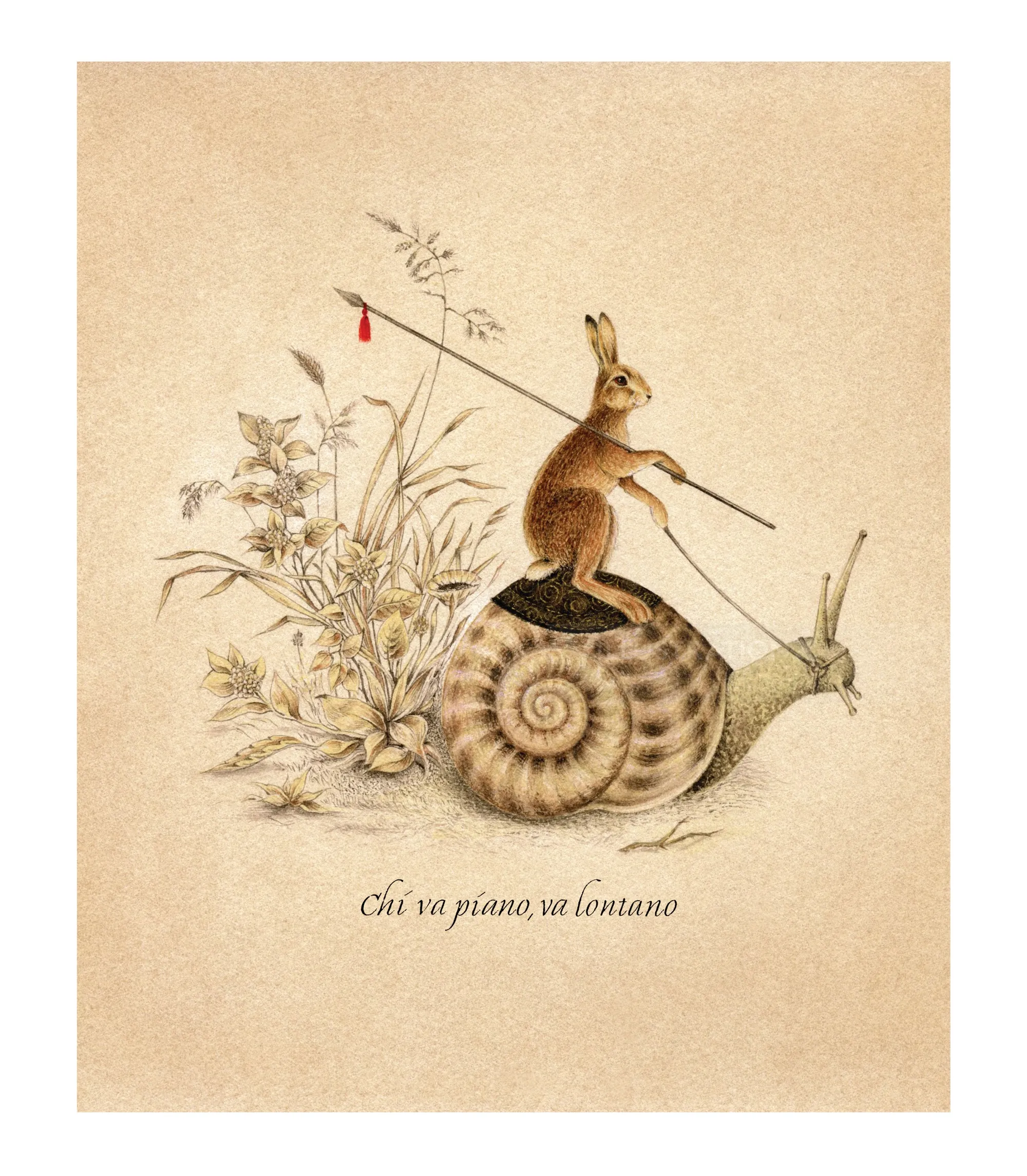 A rabbit fishing on a large snail with plants, artwork by Svetlana Molodchenko