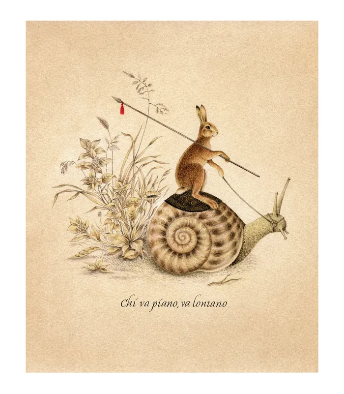 A rabbit fishing on a large snail with plants, artwork by Svetlana Molodchenko