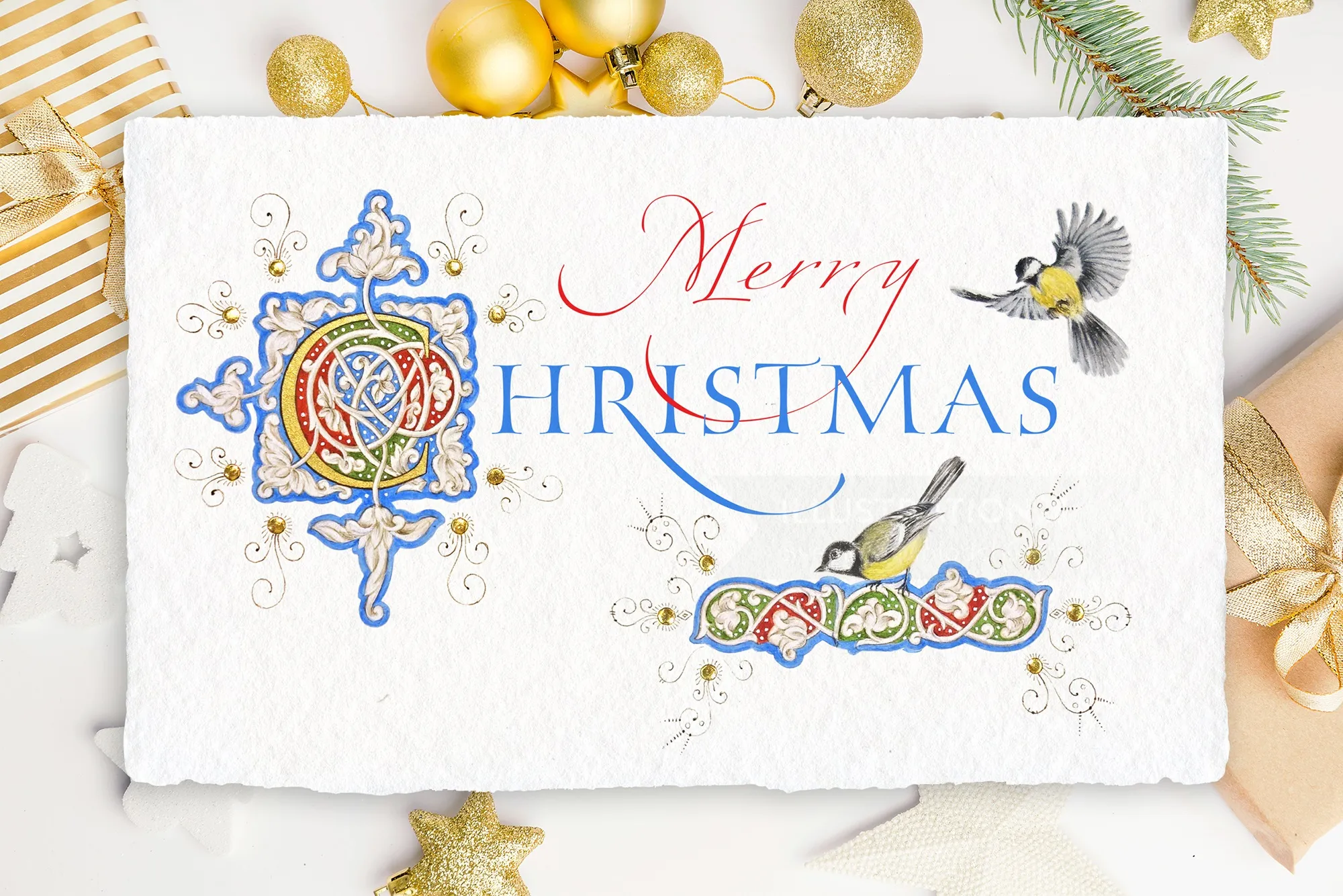 Festive watercolor calligraphy for Christmas card