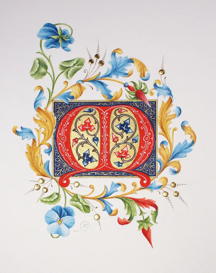 Illuminated letter Q with floral and gold decorations by Svetlana Molodchenko