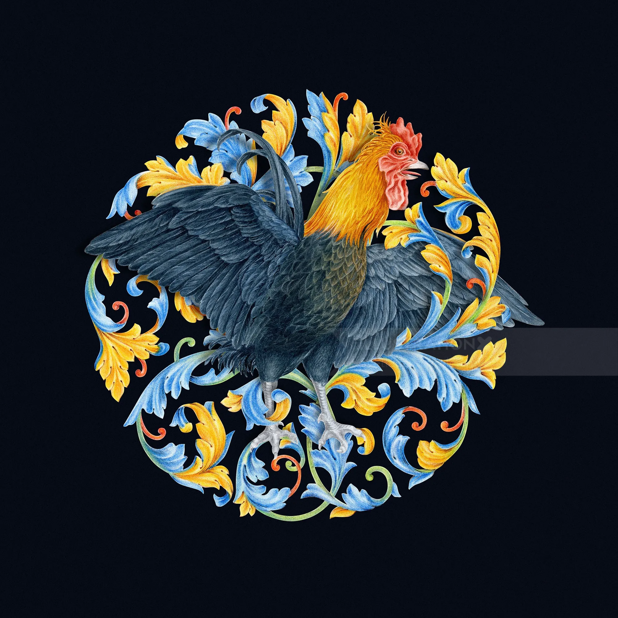 Hand-painted heraldic rooster and ornament pattern in watercolor