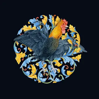 Hand-painted heraldic rooster and ornament pattern in watercolor