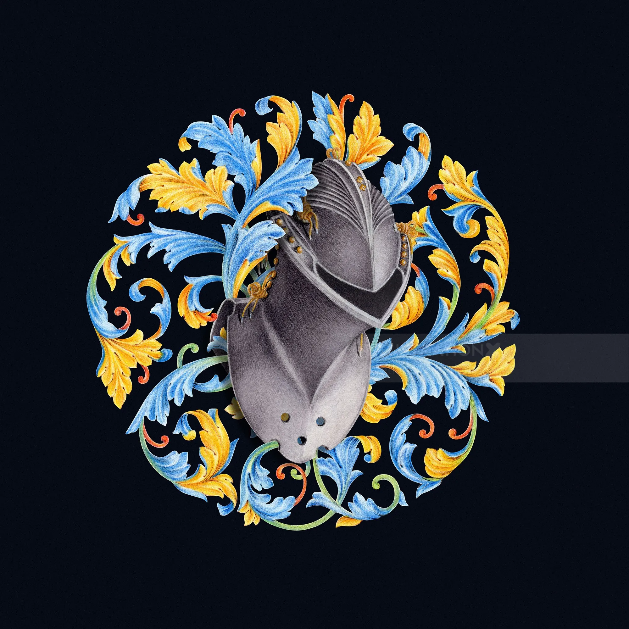 Knight's helmet and ornament watercolor pattern