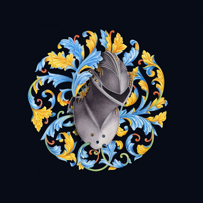 Knight's helmet and ornament watercolor pattern