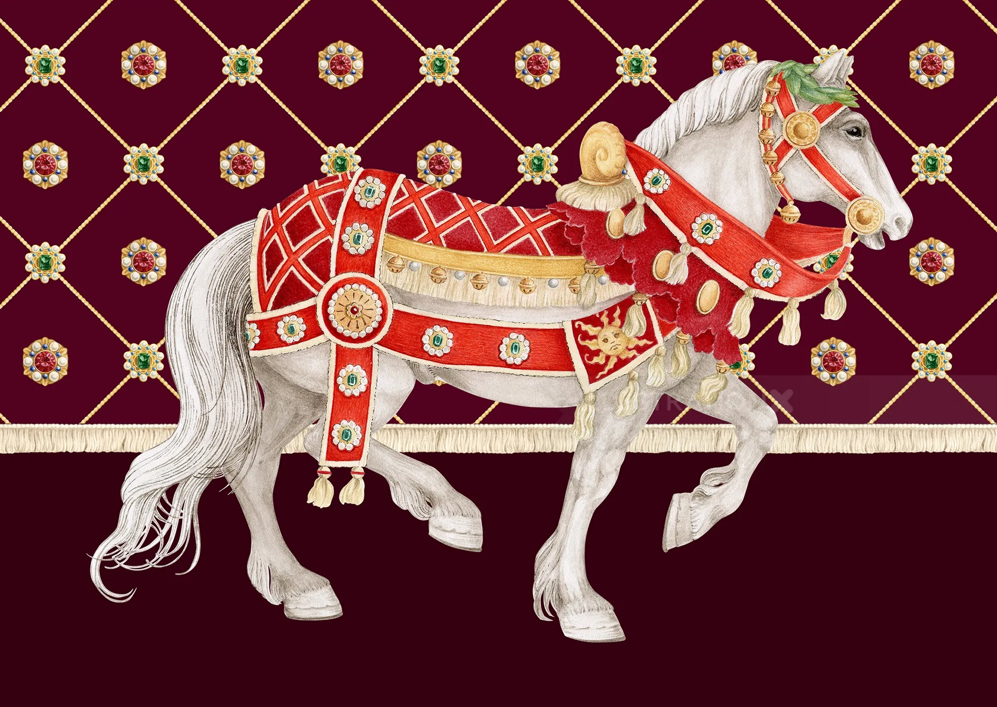 White horse adorned in decorative red and gold harness by Svetlana Molodchenko