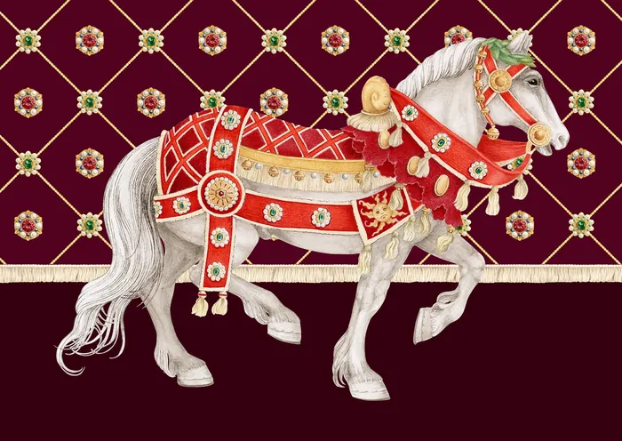 White horse adorned in decorative red and gold harness by Svetlana Molodchenko