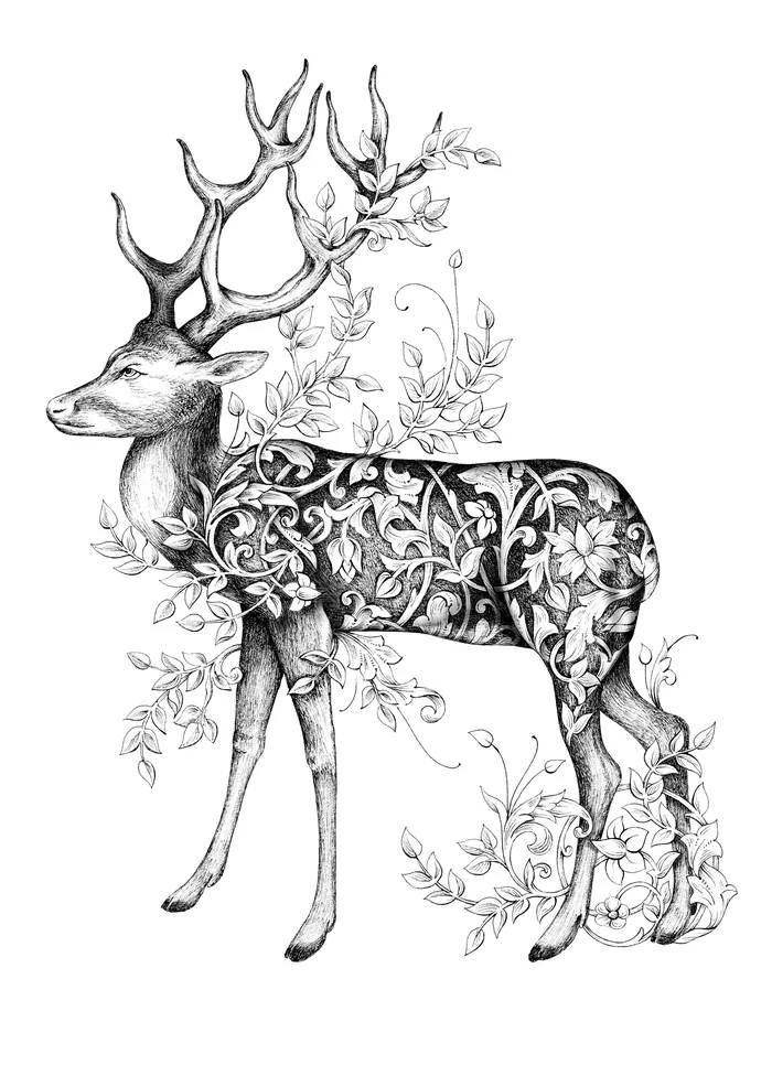 Detailed drawing of a deer with floral designs by Svetlana Molodchenko