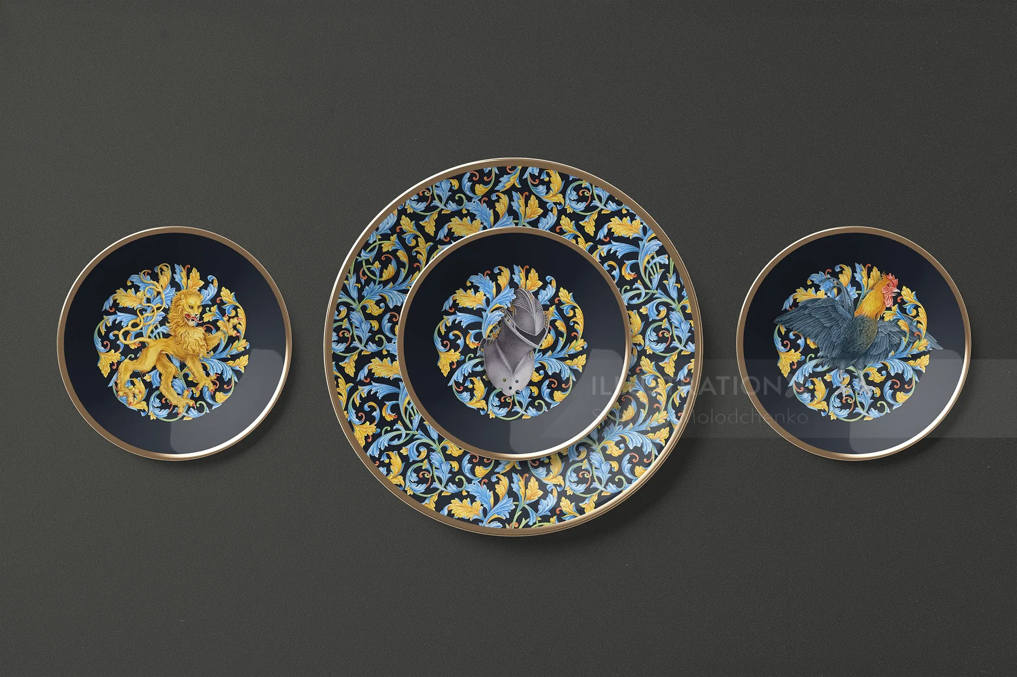 Decorative plates featuring intricate floral and animal designs by Svetlana Molodchenko