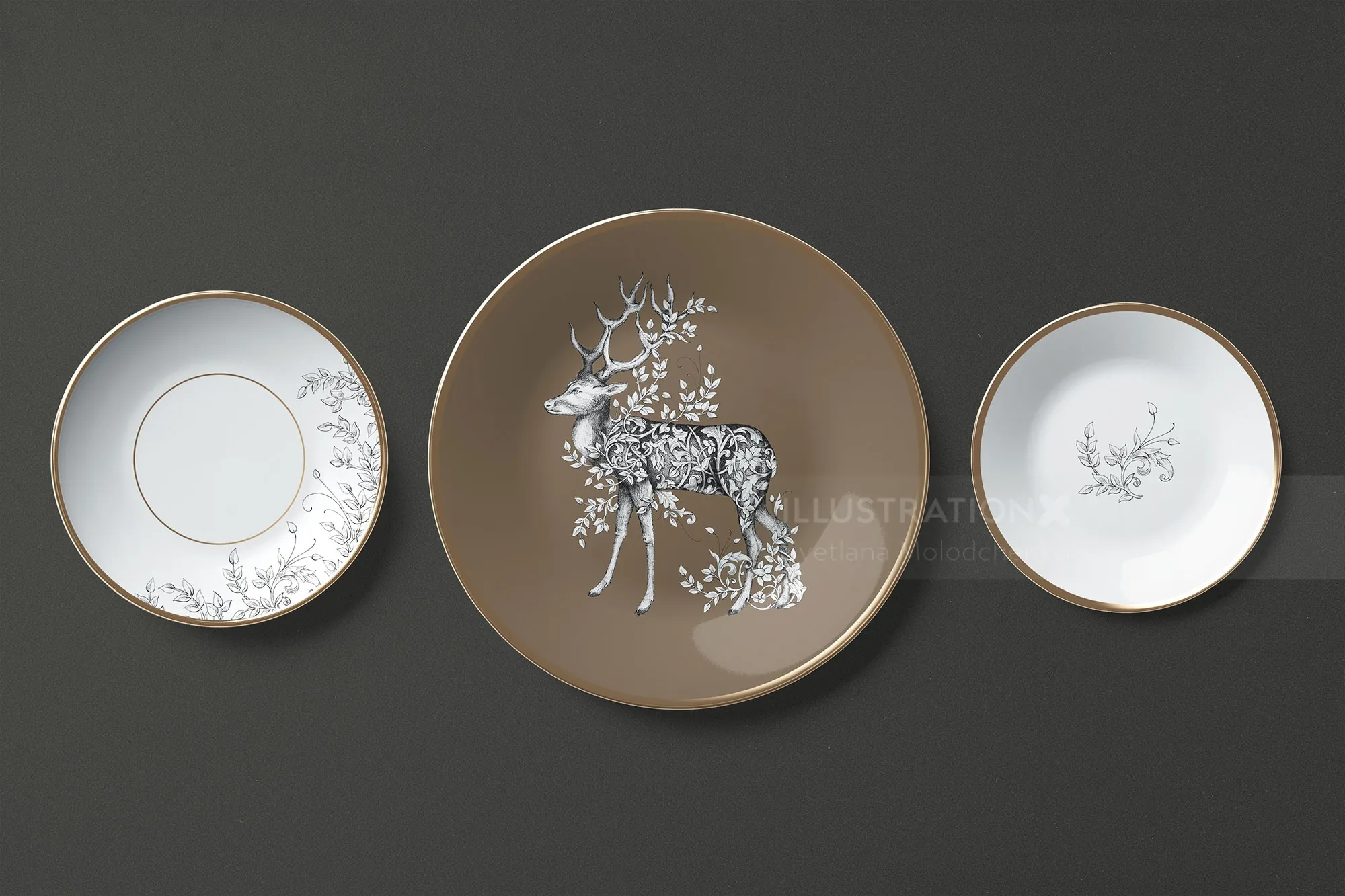 Decorative plates featuring a detailed reindeer illustration by Svetlana Molodchenko