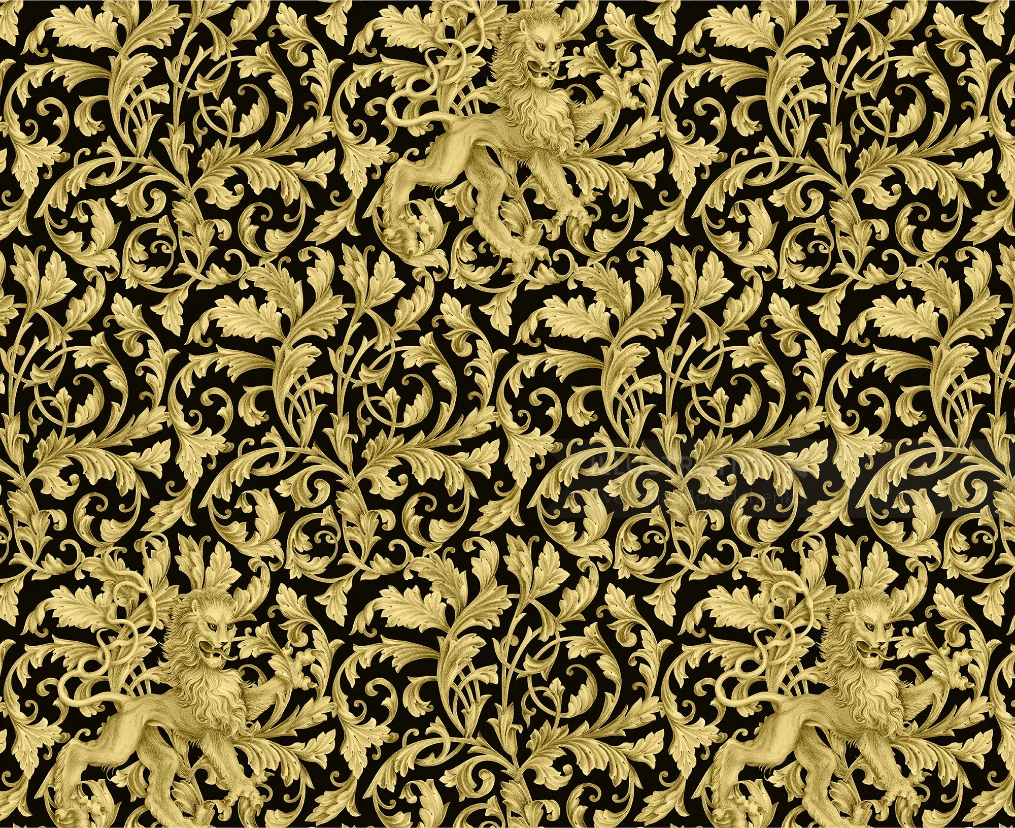 Golden lion and vine pattern on black background by Svetlana Molodchenko